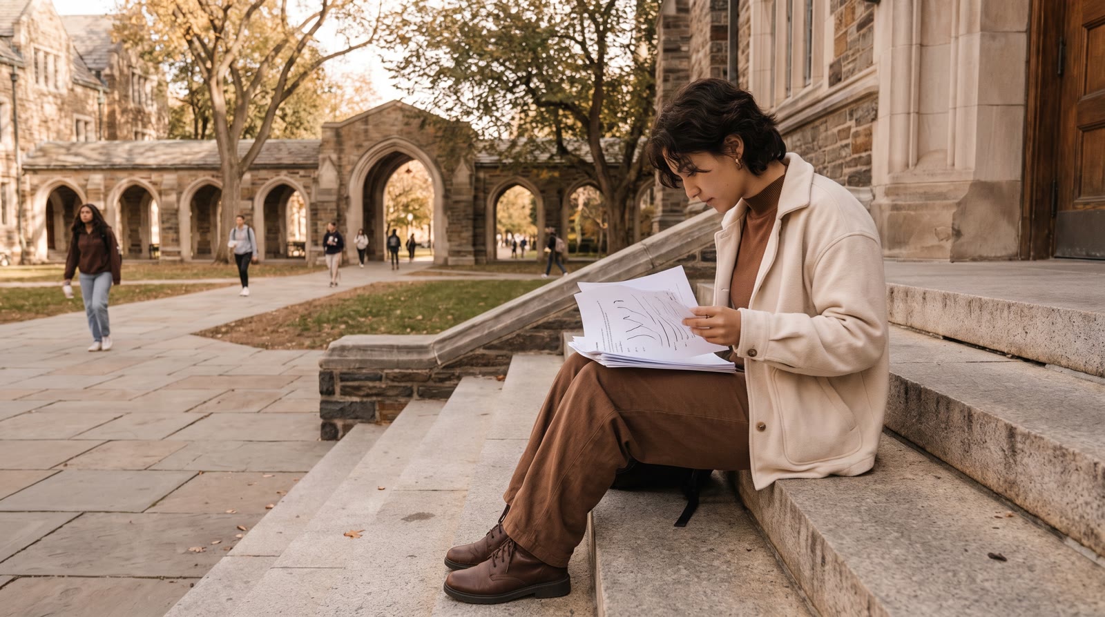 A student sitting on stone steps outdoors reviewing papers, a large academic quad behind them, warm 