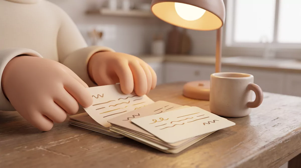Close-up of hands sorting a spread of index cards on a scuffed kitchen table under a lamp, cards bea