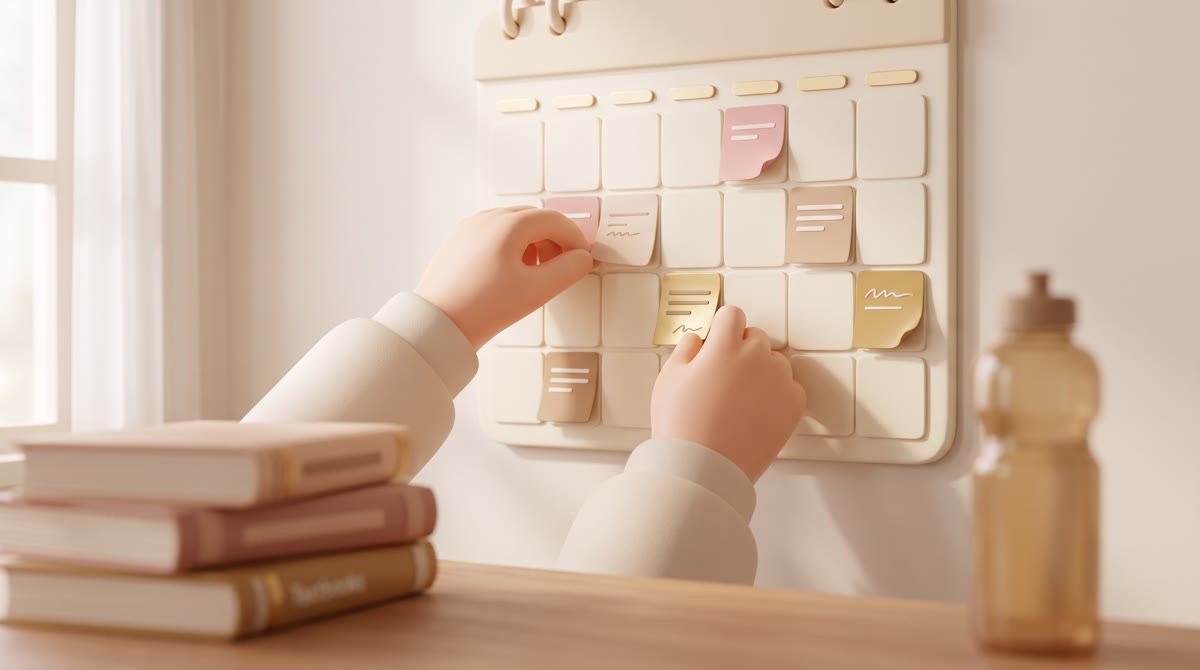 Close-up of a high school student's hands filling a wall calendar with colored sticky notes in a sun