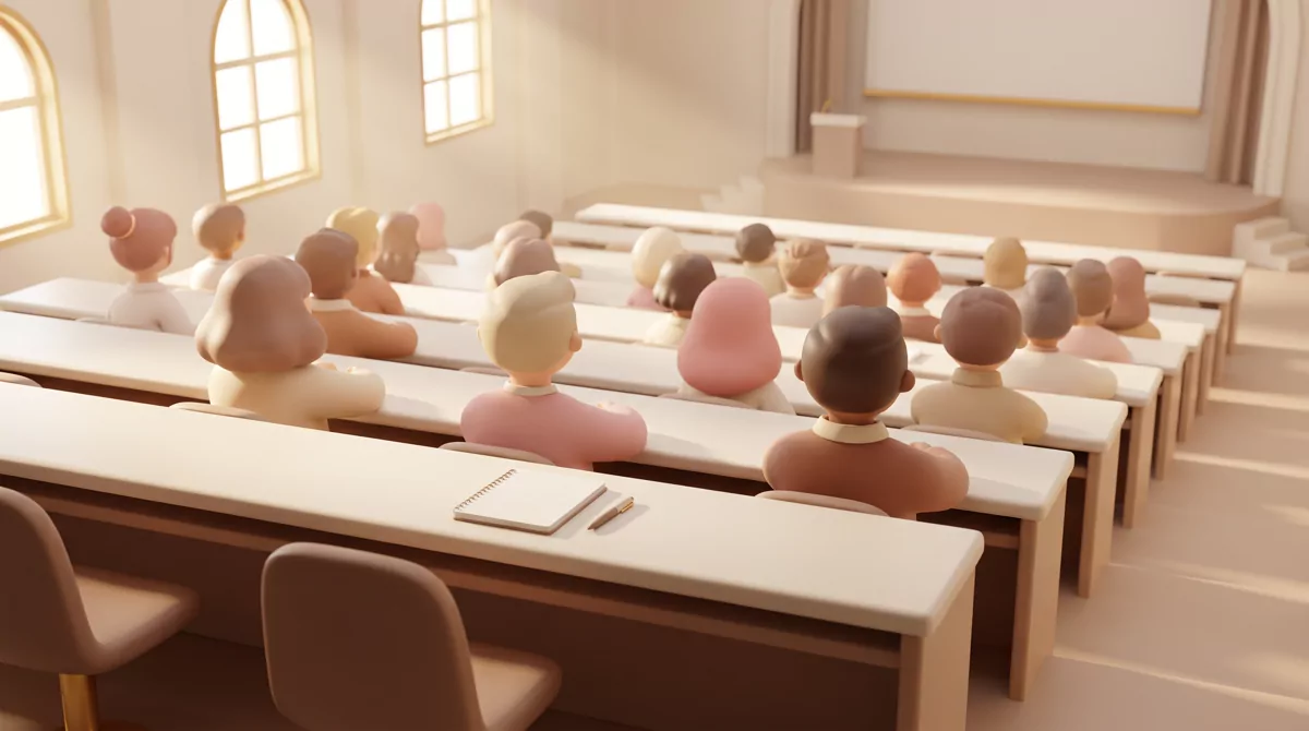 View from the back row of a tiered university lecture hall, about two-thirds full, students seen fro