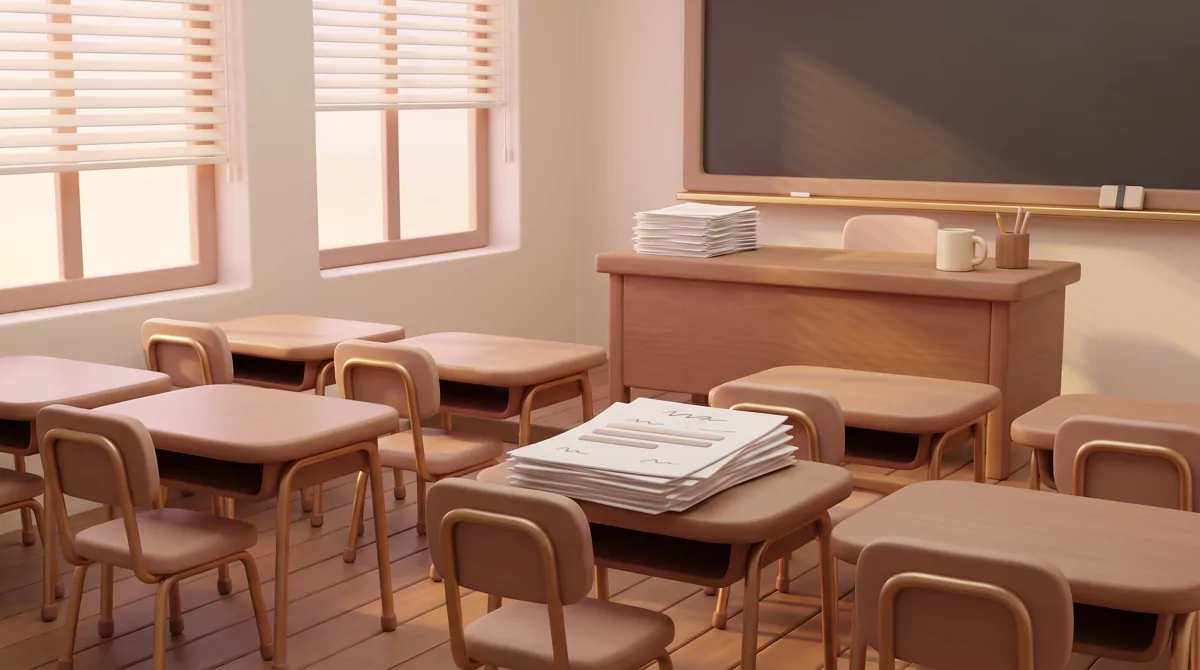 An empty classroom at dusk with a stack of loose paper on the front desk, pages showing only faint a