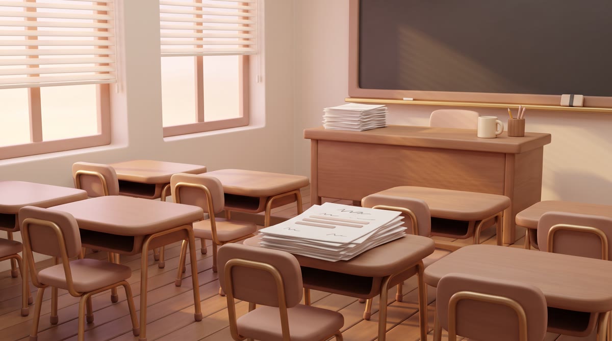 An empty classroom at dusk with a stack of loose paper on the front desk, pages showing only faint a