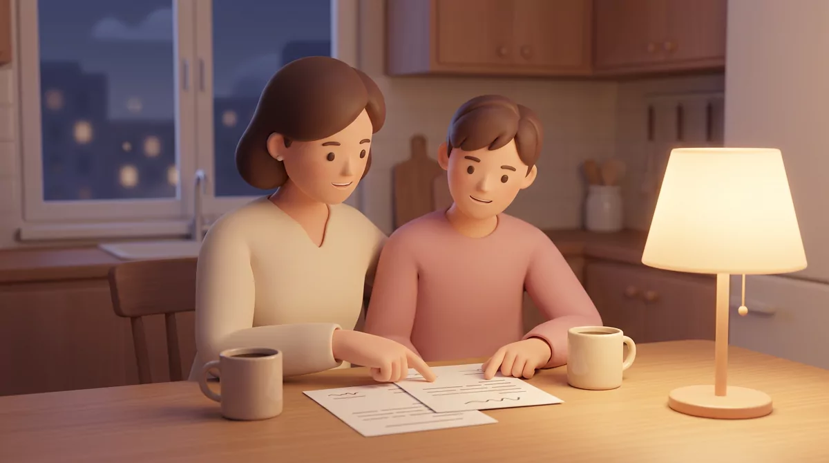 A parent and a teenager sitting close together at a kitchen table at night, warm lamp light, papers 