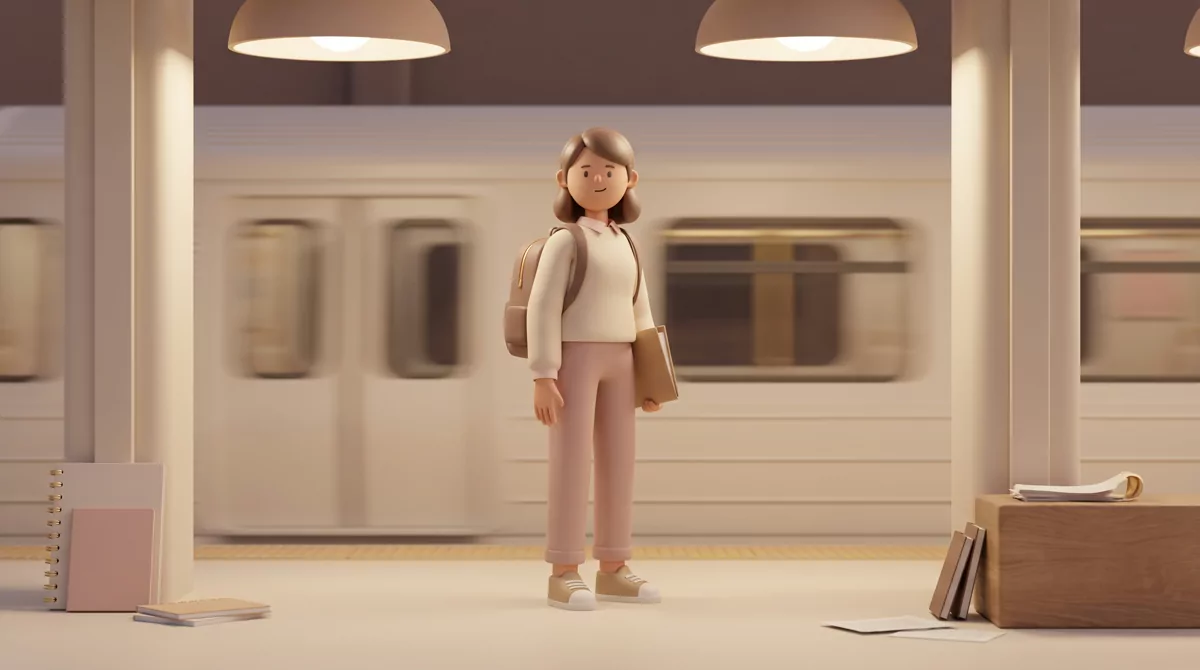 A New Jersey commuter rail platform at dusk, a teenager with a backpack and a folder waiting under w