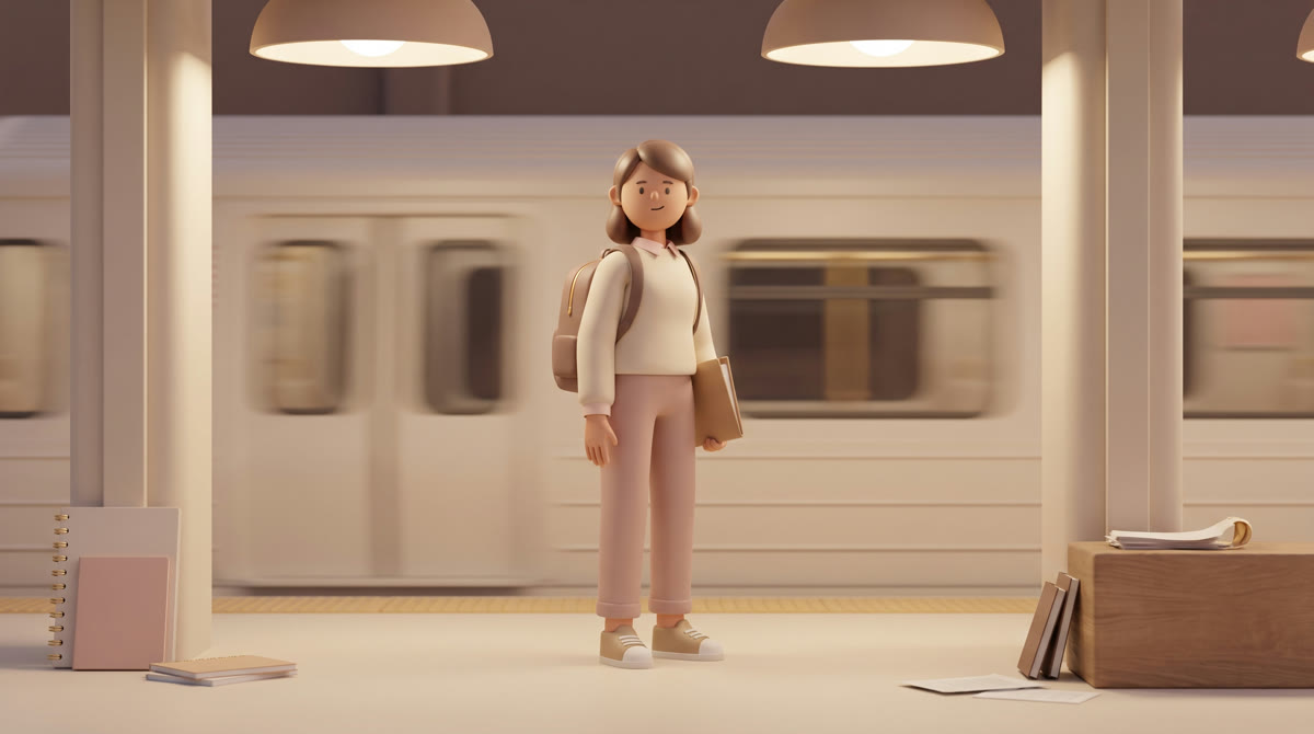 A New Jersey commuter rail platform at dusk, a teenager with a backpack and a folder waiting under w