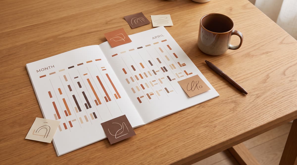 Overhead shot of a wooden desk with a paper wall calendar, sticky notes in warm earth tones, a pen, 