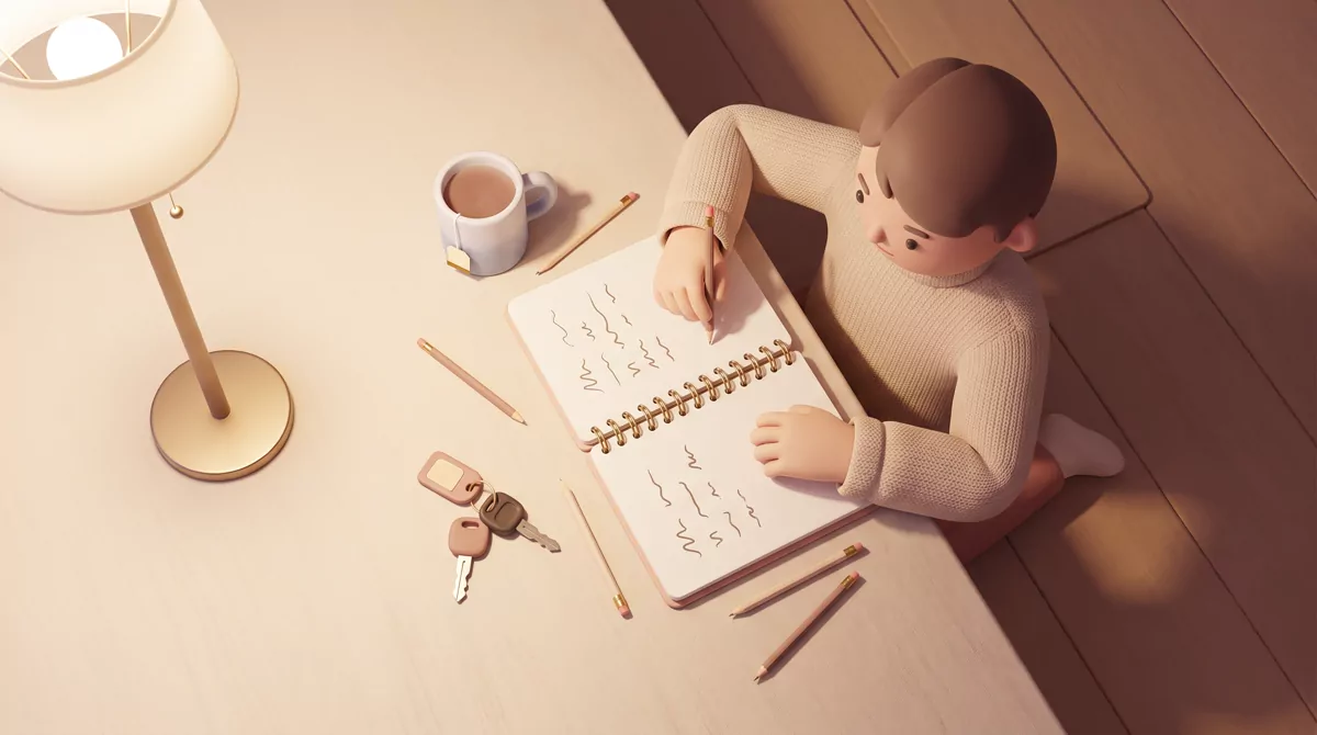 A spiral notebook open on a kitchen table at night beside a cold mug of tea and car keys, handwritte