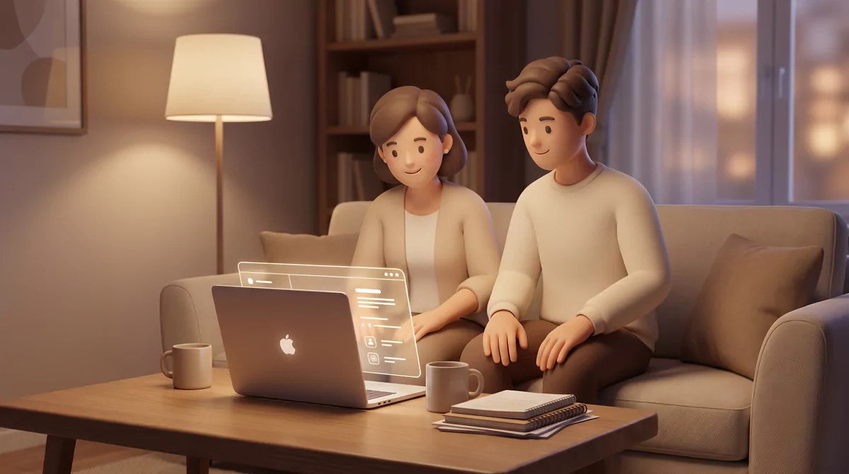 A parent and teenager sitting side by side on a couch in a warm lamplit living room in the evening, 