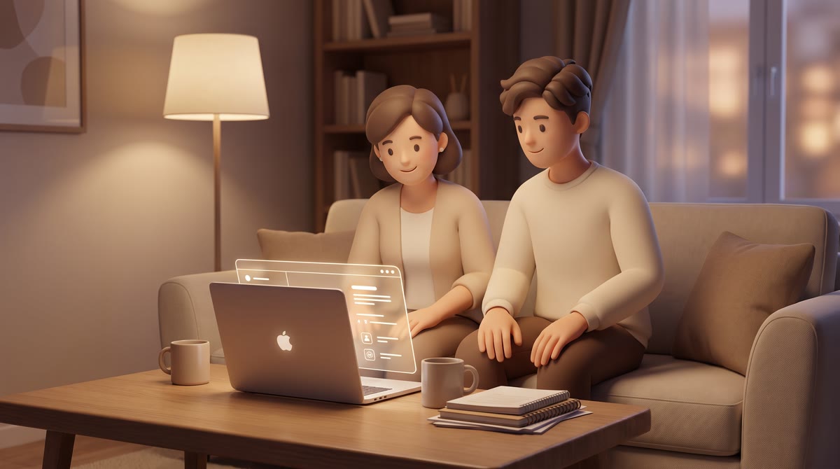 A parent and teenager sitting side by side on a couch in a warm lamplit living room in the evening, 