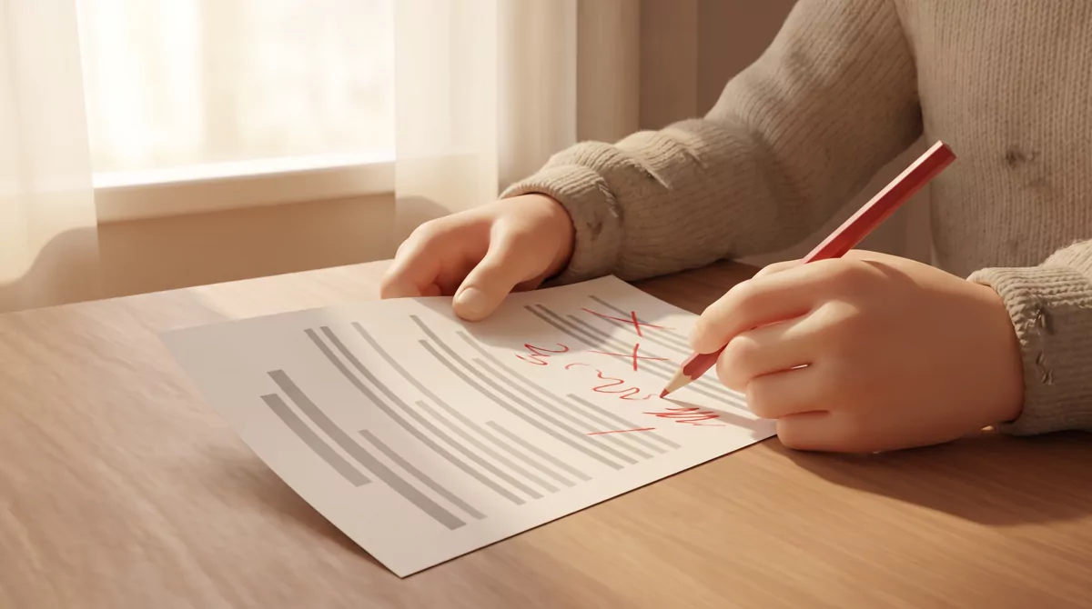 Close-up of a teenager's hands holding a printed essay page covered in red pencil marks and crossed-