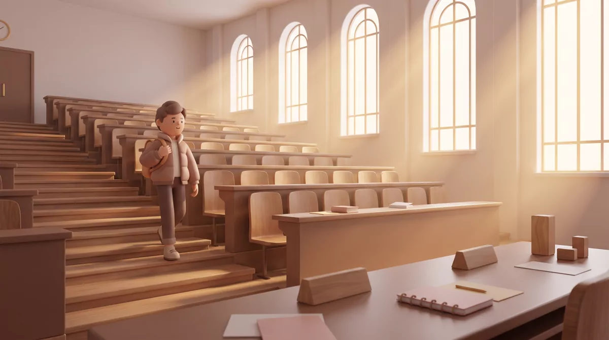 Wide shot of a nearly empty university lecture hall at golden hour, one student descending the steps