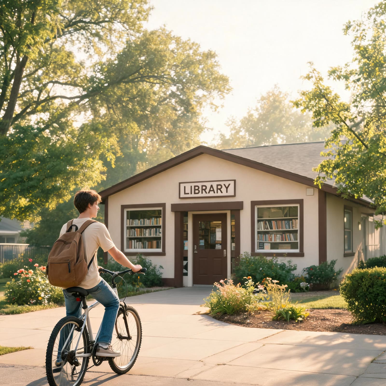 A teenager on a bicycle outside a small community library on a summer morning, backpack on, soft gol