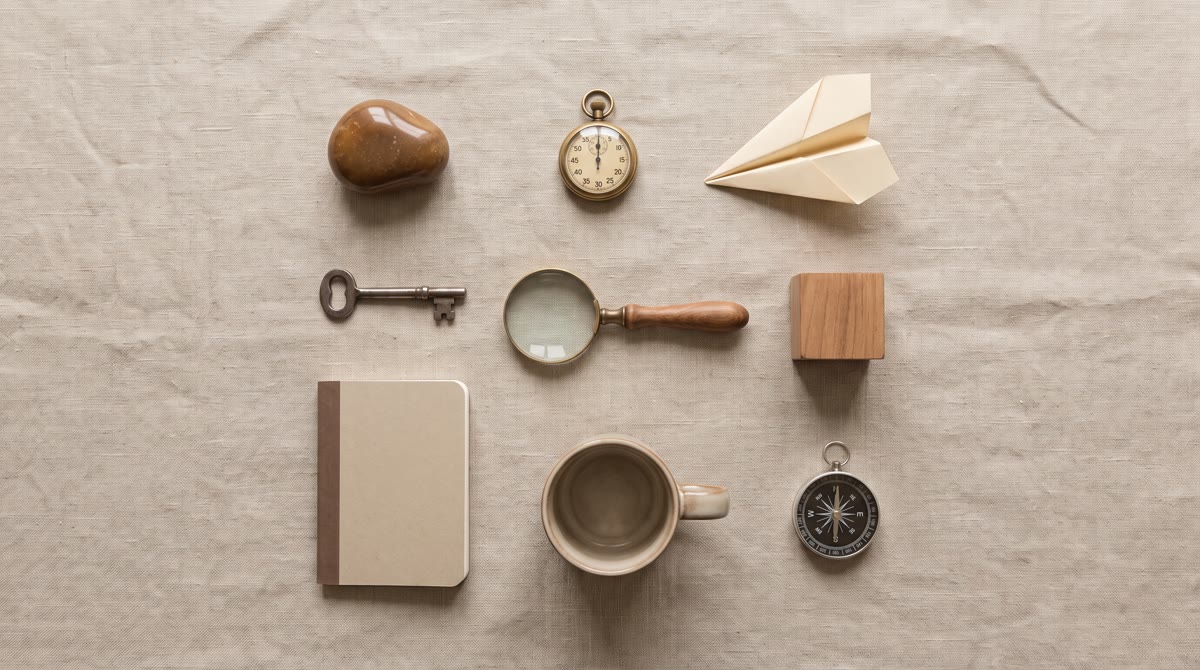Overhead shot of nine small objects arranged in a loose grid on a linen surface, including a stopwat