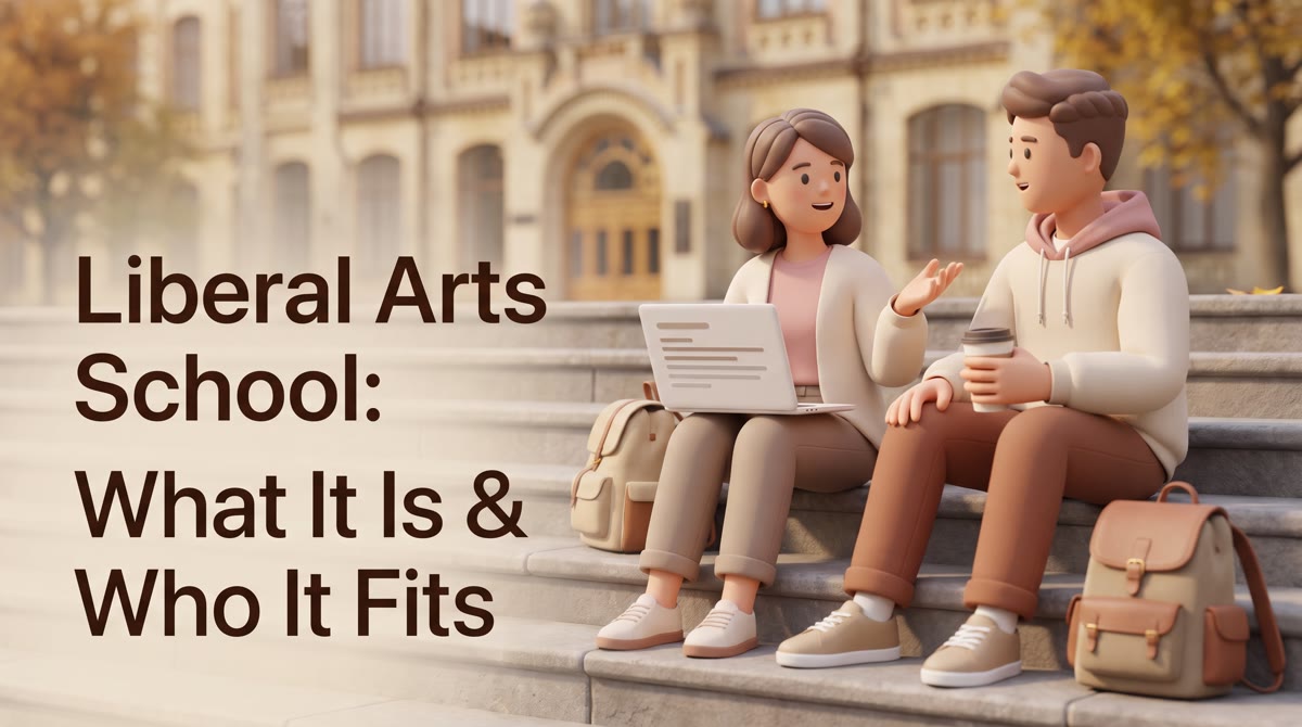 A recent graduate in casual clothes sitting on library steps with an open laptop, mid-conversation w