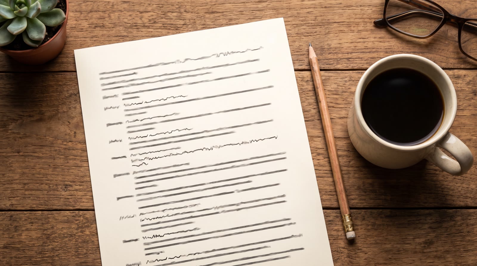 Overhead shot of a printed transcript-style document with abstract placeholder lines, a pencil, and 