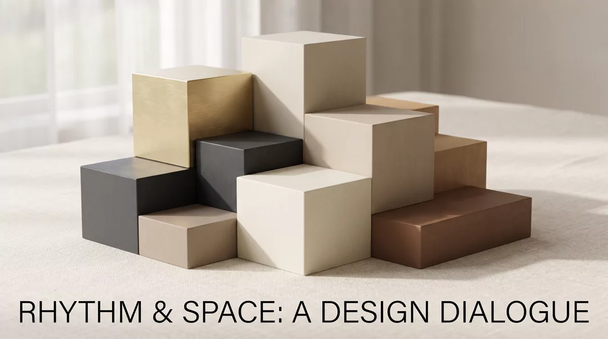 Abstract editorial composition of stacked rectangular blocks in warm gold and deep charcoal at uneve