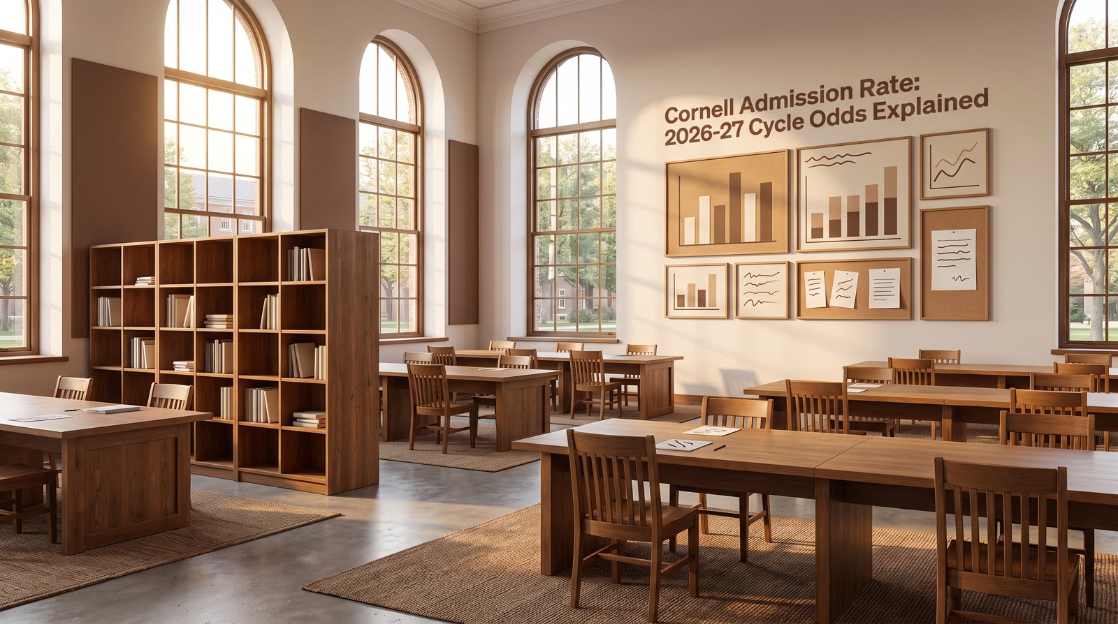 An open reading room with tall windows, empty wooden desks, late afternoon light, calm and academic 