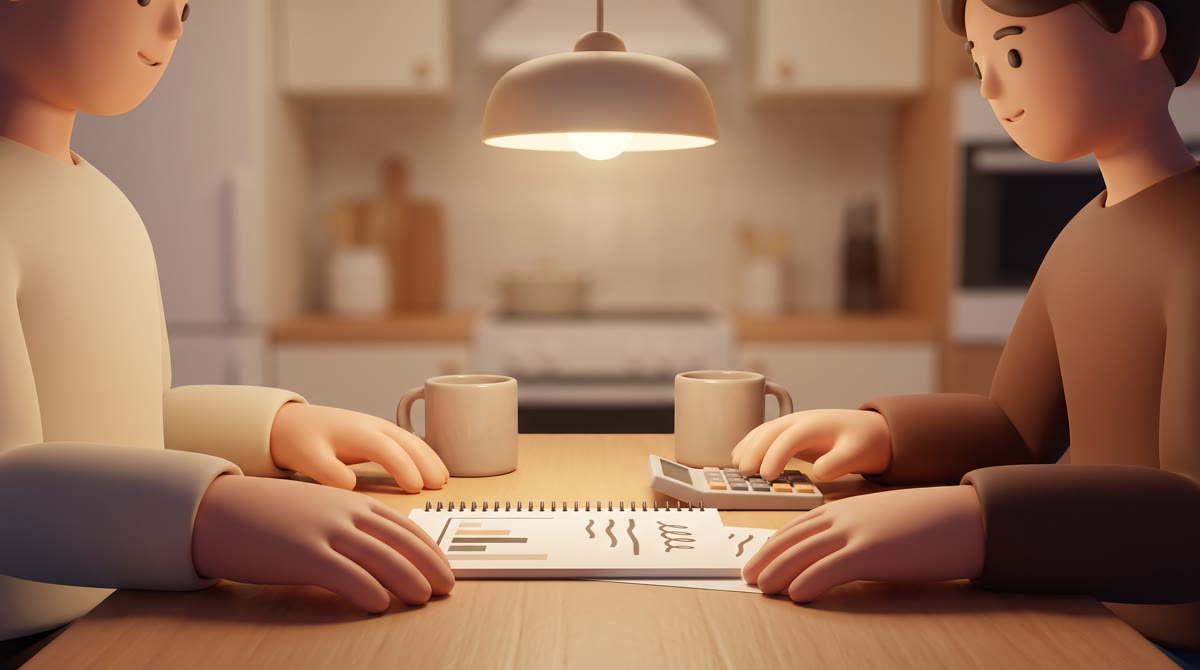 A kitchen table at night under a warm pendant lamp, a spiral notebook with abstract placeholder line