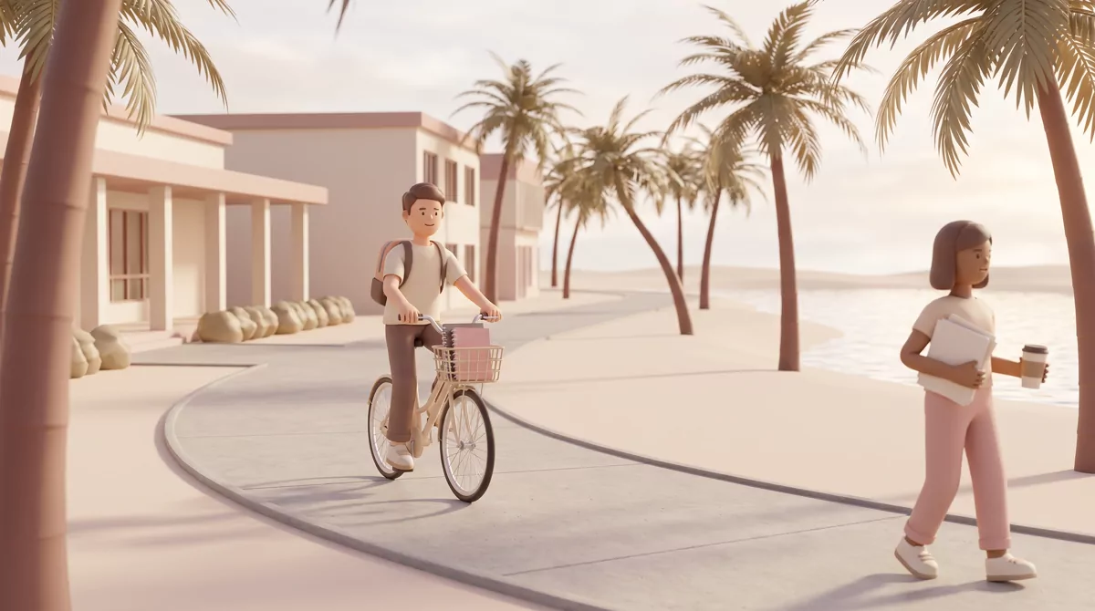 Palm-lined concrete walkway on a sunlit Southwest Florida university campus, students cycling past l