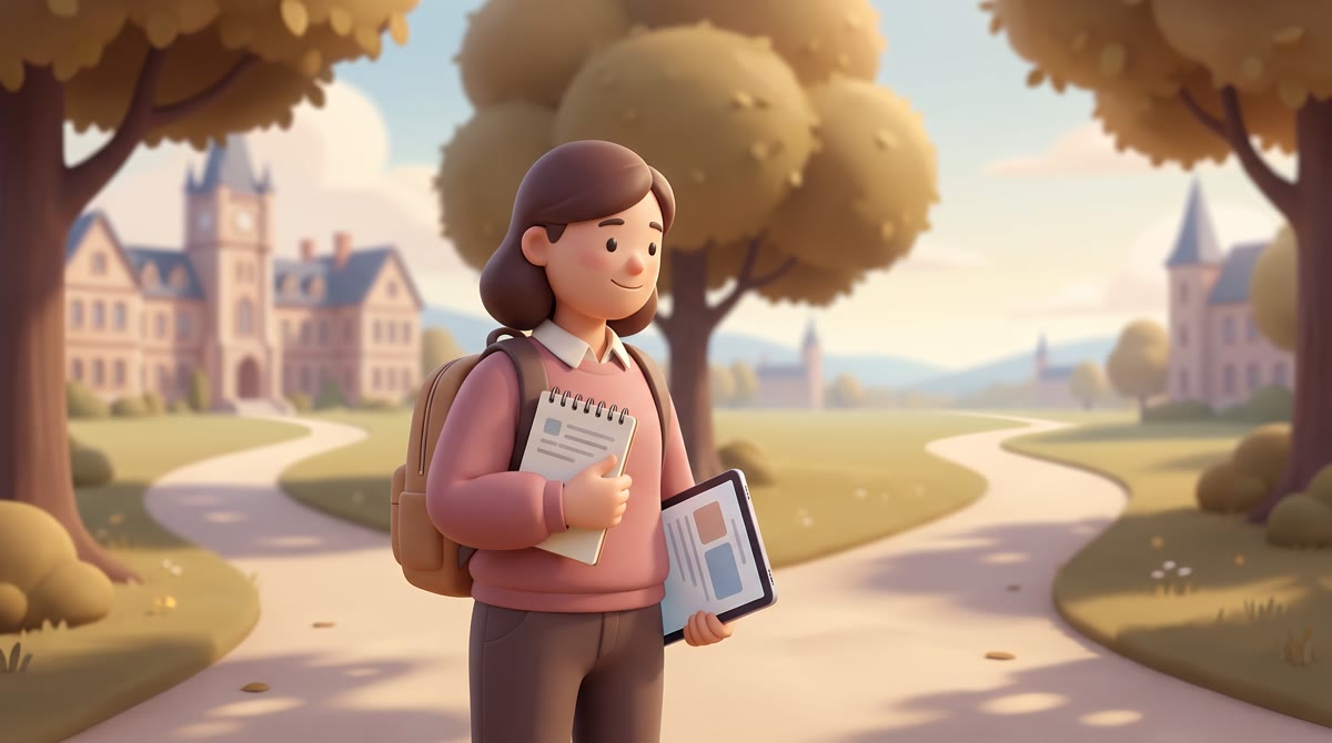 A student standing at a fork in a sunlit path through a park, calm and considering, warm neutral col