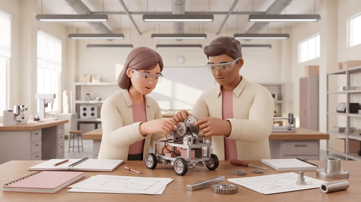 Two engineering students in a university lab assembling a small robotics rig on a workbench, safety 