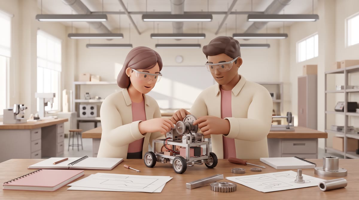 Two engineering students in a university lab assembling a small robotics rig on a workbench, safety 