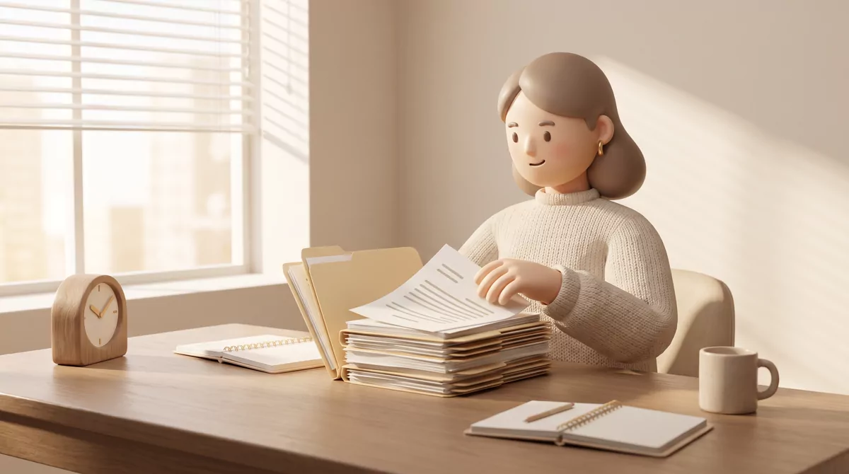 An admissions reader's hands sorting a tall stack of paper application folders on a wooden table in 