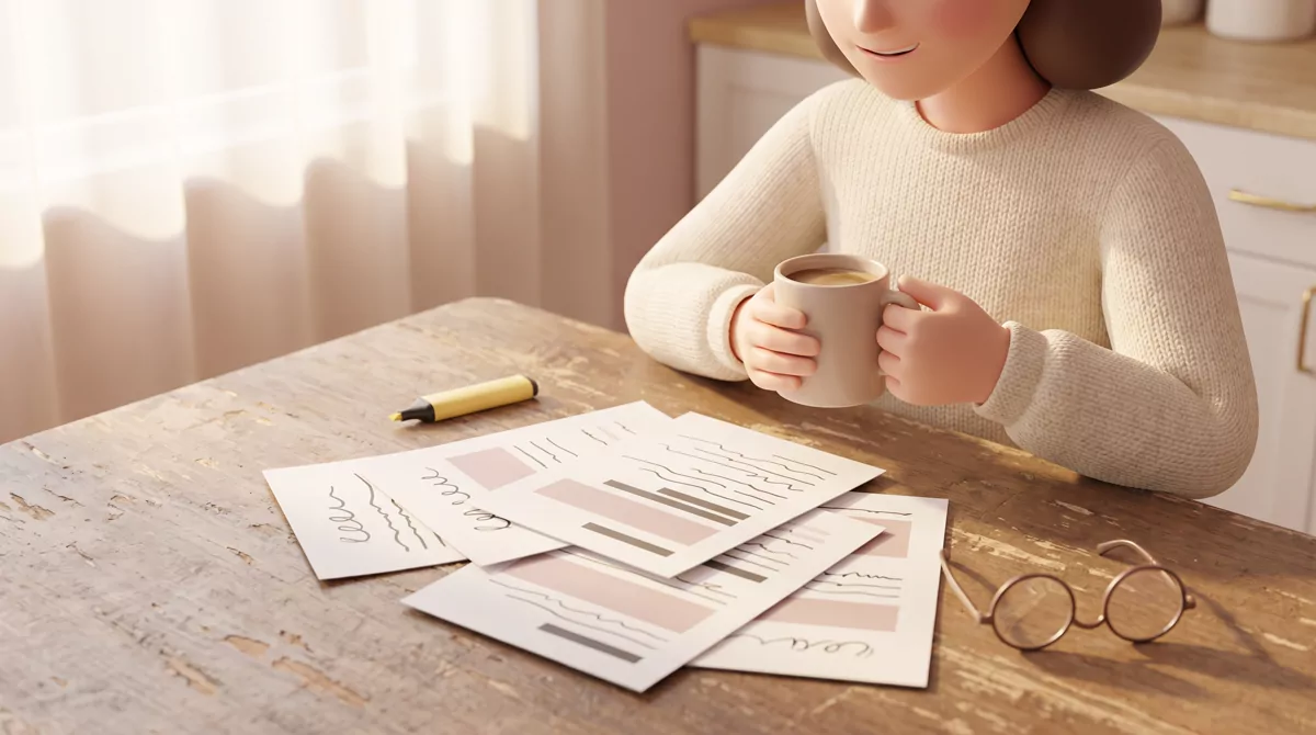 Close-up of a worn wooden kitchen table with scattered printed pages showing abstract placeholder li