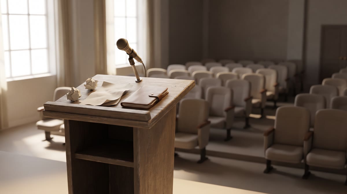 A weathered wooden lectern on an empty auditorium stage, a single microphone angled toward rows of v