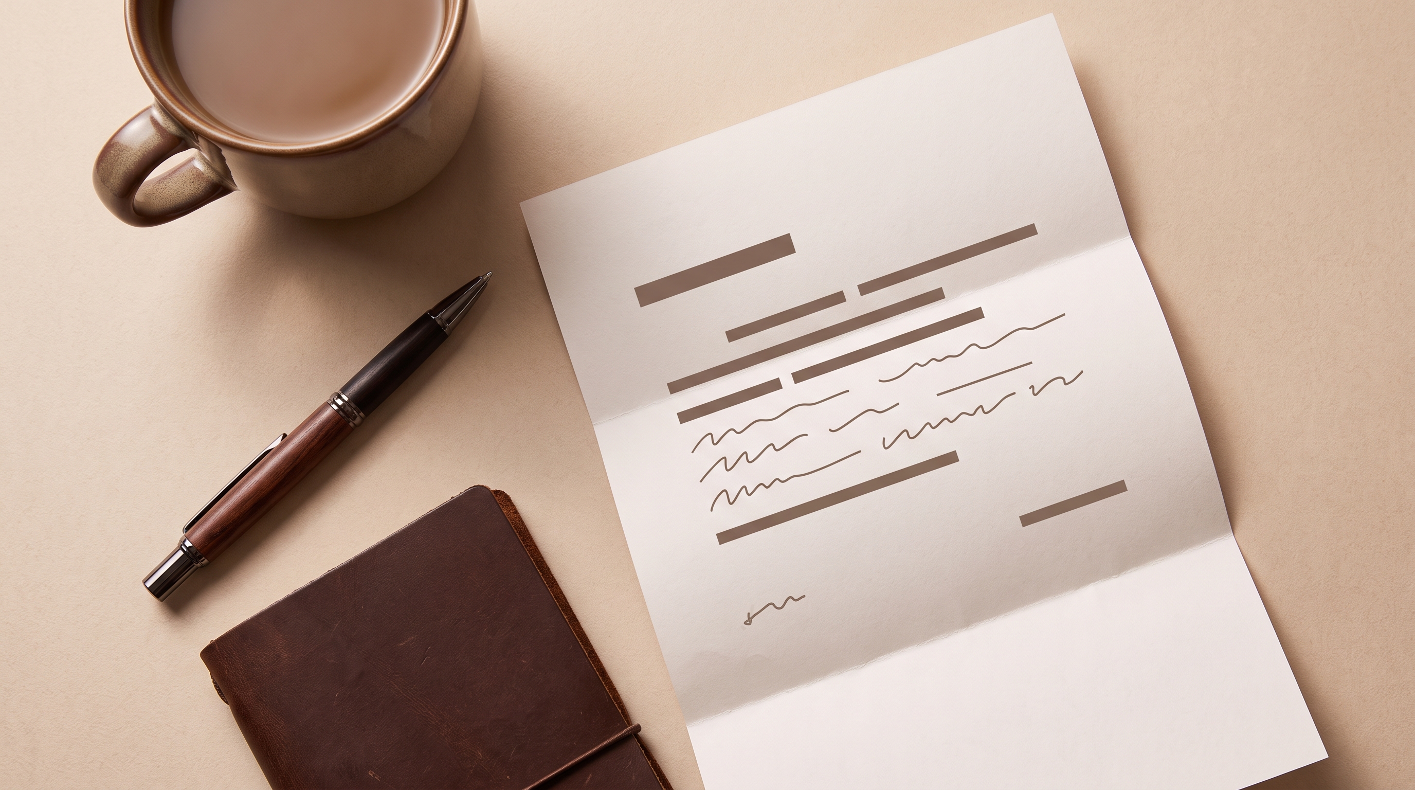 A warm minimalist flat-lay of a coffee cup, a pen, and folded paper with abstract placeholder lines 