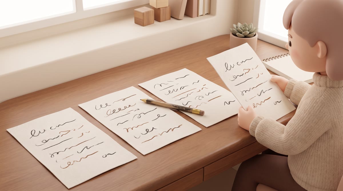 Four sheets of paper laid in a row on a warm wooden desk, each covered in abstract handwritten squig
