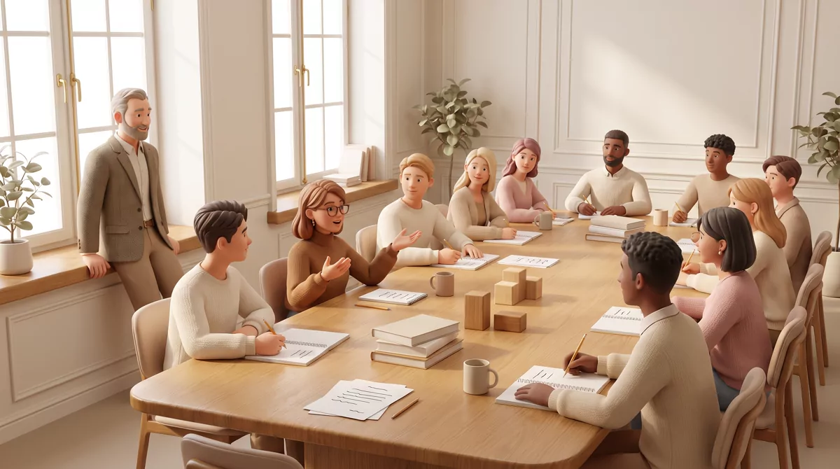 Twelve students seated around a long oak seminar table in a sunlit room with tall windows, one gestu