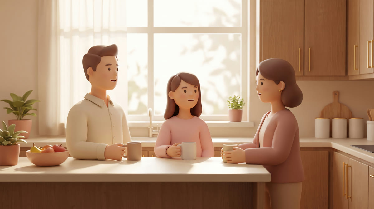 Two parents and a teenage daughter talking across a sunlit kitchen counter with coffee mugs and a fr
