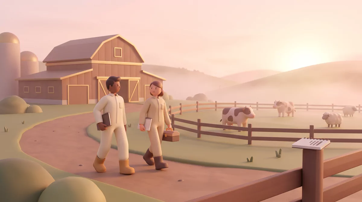 Students in work boots and coveralls walking past a livestock barn and open pasture on an agricultur