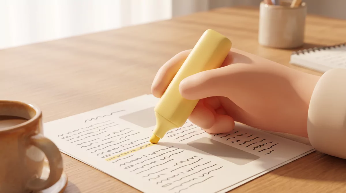 Close-up of a hand holding a yellow highlighter above a printed page of abstract placeholder lines o