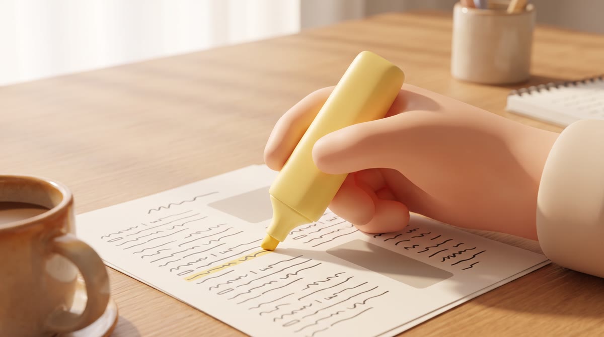 Close-up of a hand holding a yellow highlighter above a printed page of abstract placeholder lines o
