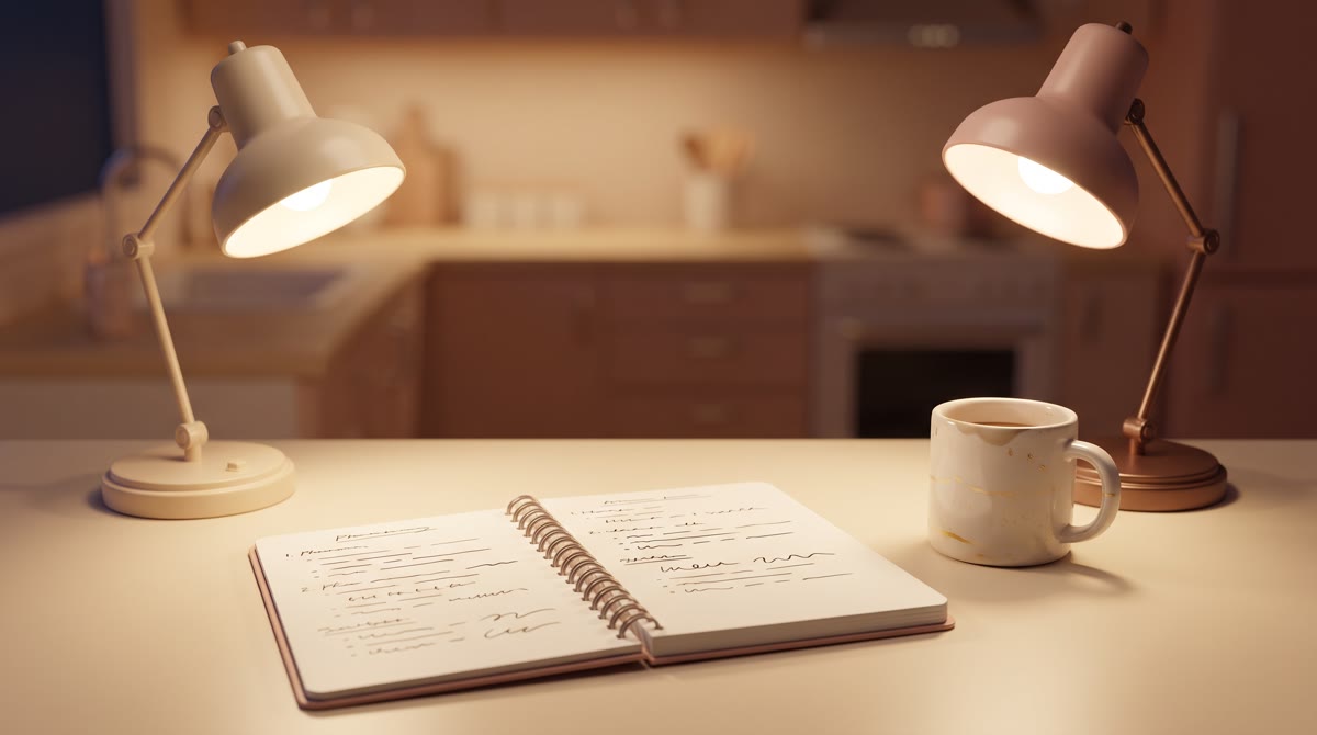 An open spiral notebook on a kitchen table, filled with dense abstract placeholder lines of handwrit
