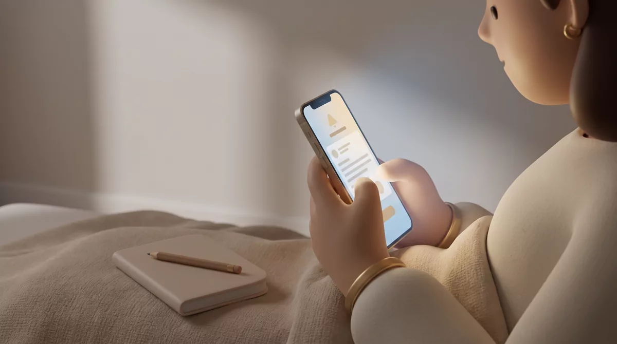 Close-up of two hands holding a smartphone in a dim room, screen glow lighting a face partially out 
