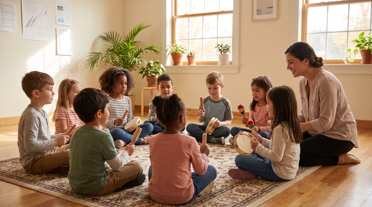 A group of children and one adult beginner seated in a circle in a bright community room holding sma