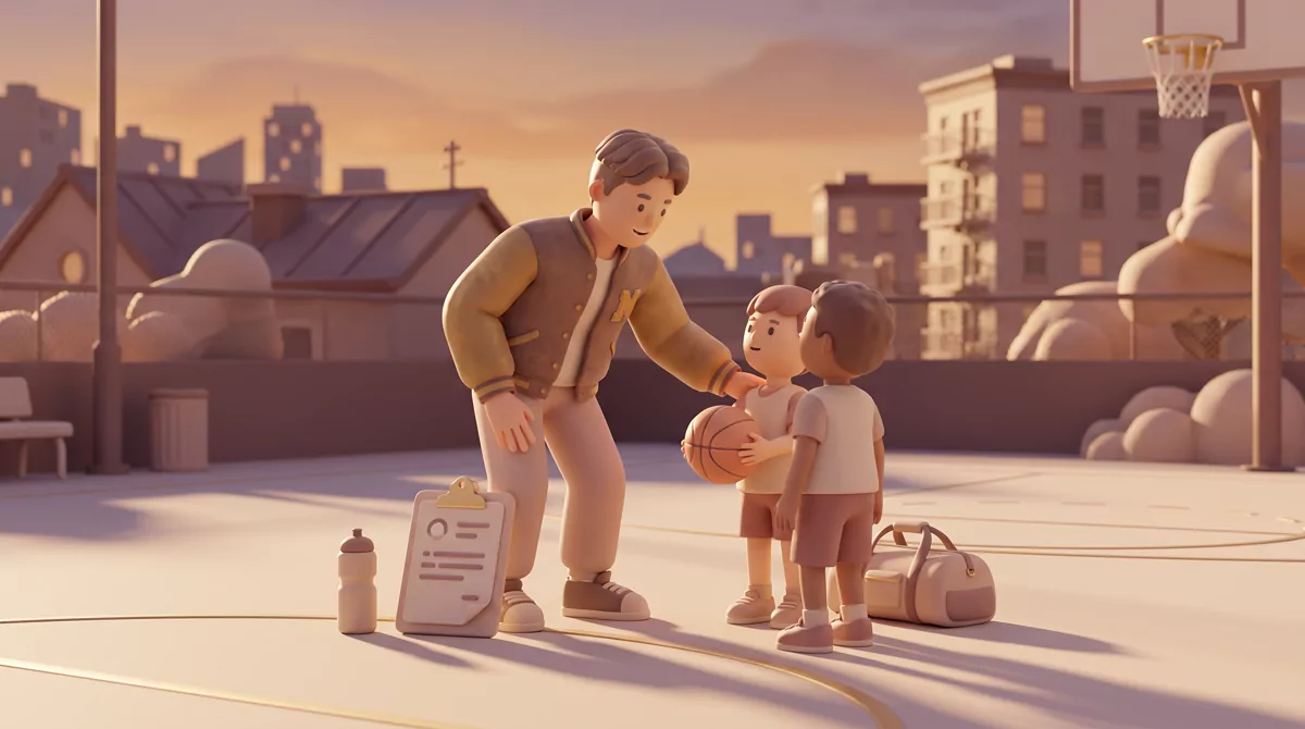 Teenager in a worn team jacket coaching two younger kids on an outdoor basketball court at dusk, lon