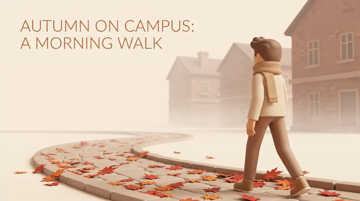 A stone footpath curving through an autumn campus quad, red maple leaves on the ground, brick academ