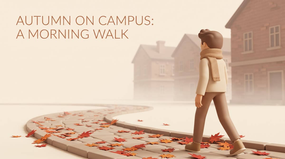 A stone footpath curving through an autumn campus quad, red maple leaves on the ground, brick academ