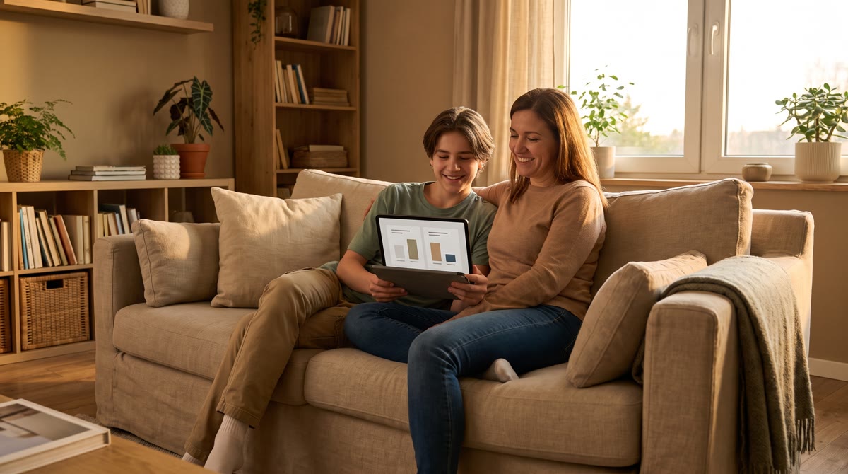 A student and a parent sitting side by side on a couch looking at a tablet together, relaxed body la