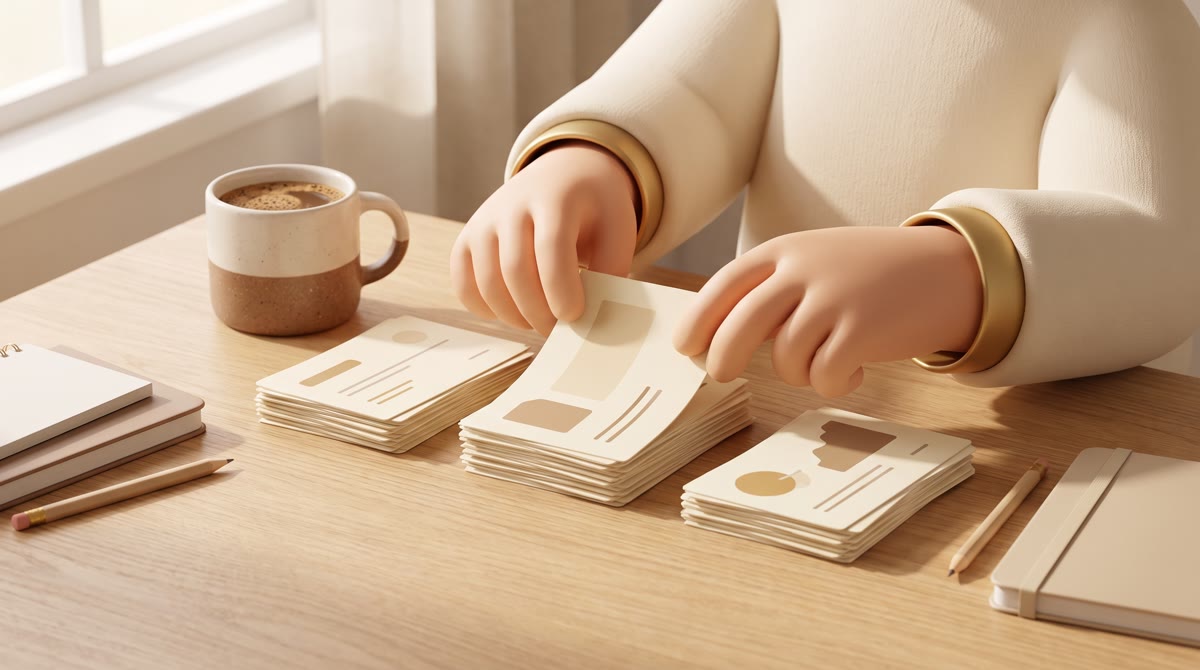 Hands sorting cream-colored index cards into three piles on a wooden kitchen table beside a coffee c