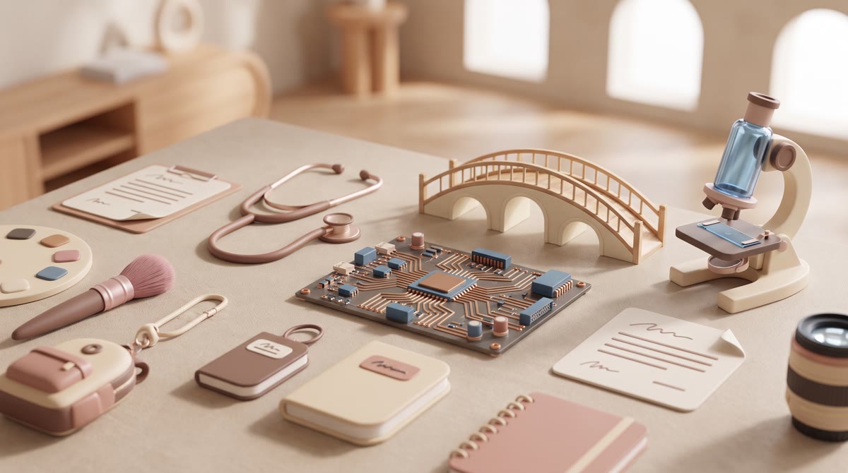 An overhead flat-lay of objects representing different fields, a stethoscope, a paintbrush, a circui