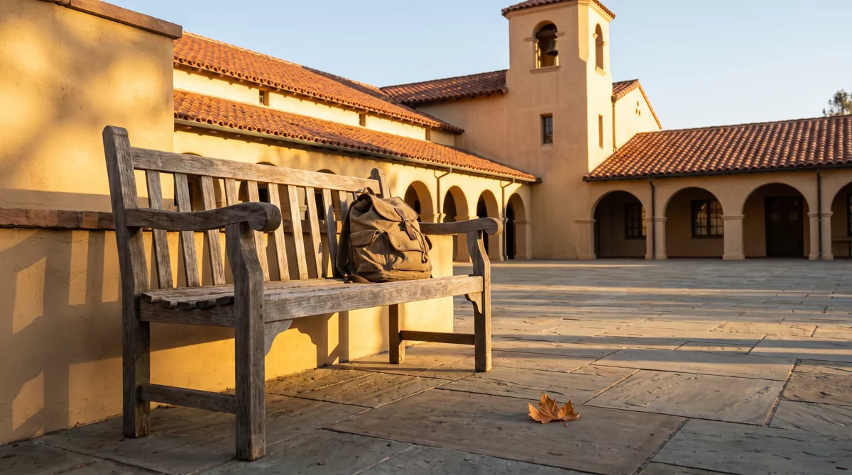 An empty wooden bench outside a Spanish-tile campus building in late afternoon light, backpack resti