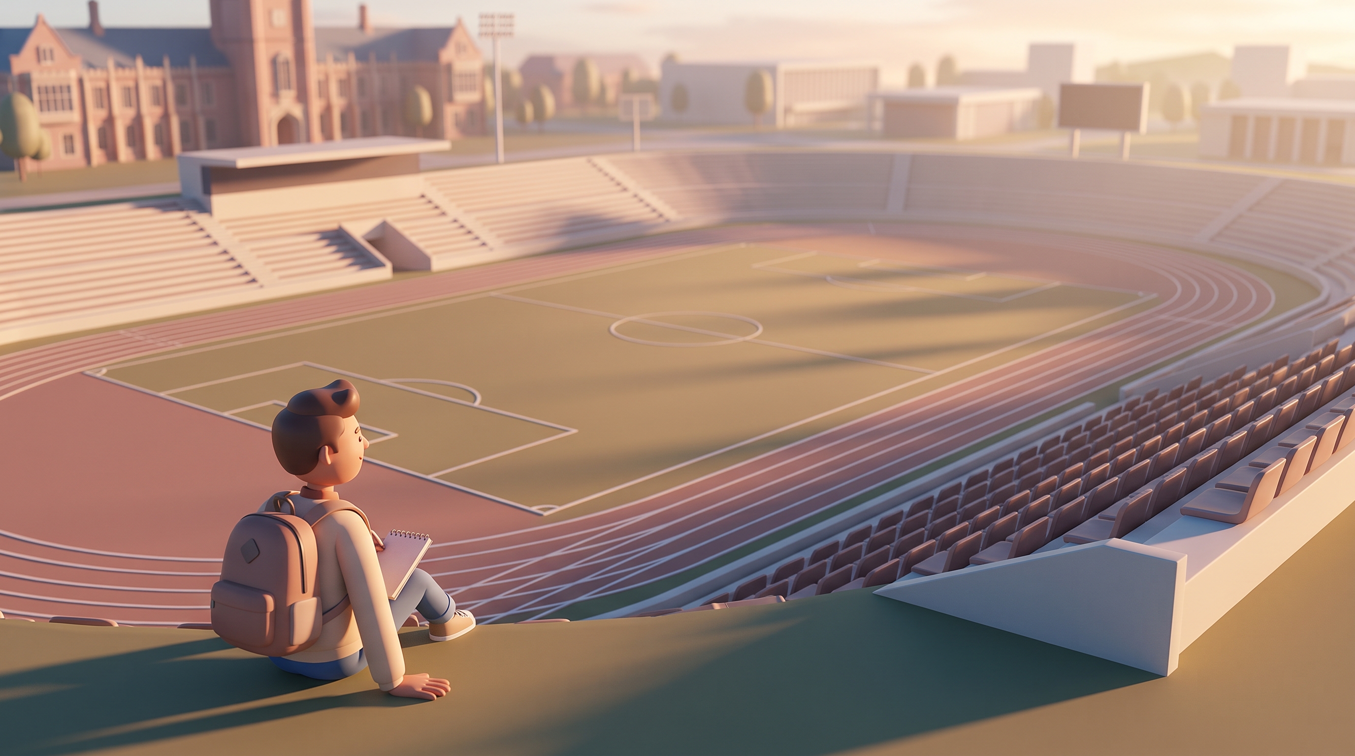 An open college athletics stadium at golden hour, empty seats and a running track, warm earthy light