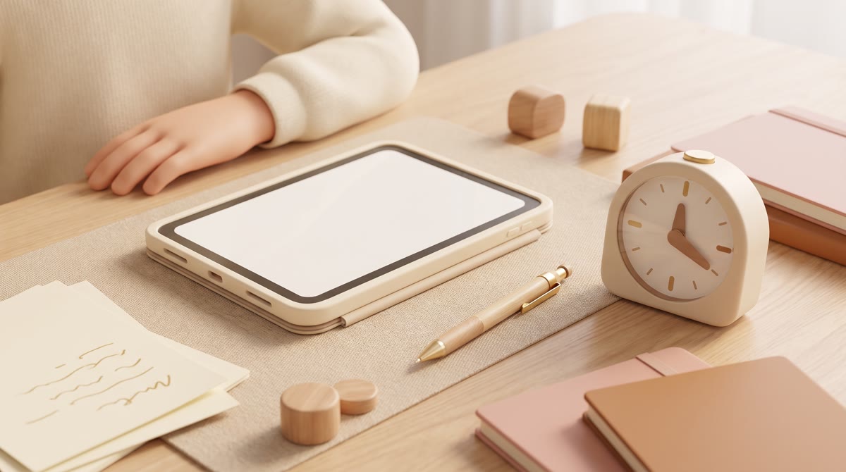 Close-up of a tablet screen face-down on a desk next to a mechanical pencil and a timer, morning lig