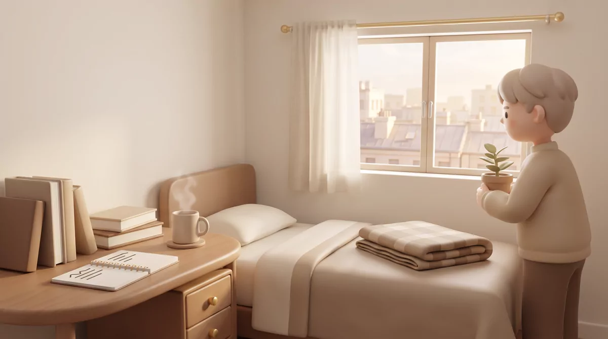 A small dorm room in warm afternoon light, twin bed with folded blanket, a mug and stacked books on 