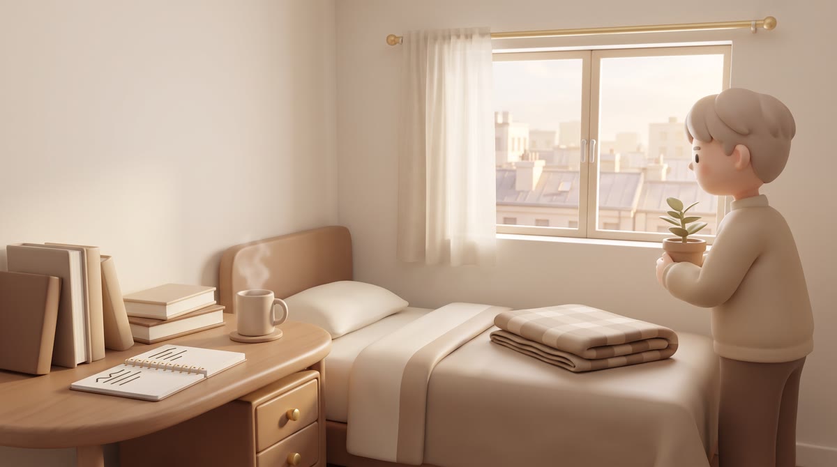 A small dorm room in warm afternoon light, twin bed with folded blanket, a mug and stacked books on 